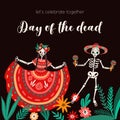 Festive square card for Day of the Dead. Background with flowers, dancing skeletons, Calavera Catrina. Flat vector