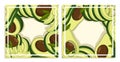 Festive square cards with Avocado cutting set. Avocado wedges and slices, halved and thinly sliced for salads and snacks. Cartoon