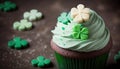 St. Patrick\'s day cupcake on green with three-leaved shamrocks (four leaf clove) on top generative AI Royalty Free Stock Photo