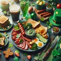 Festive St. Patrickâs Day feast with food, drinks, and decorations on a table.