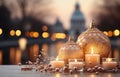 Festive still life with burning candles and Christmas decorations on bokeh background. Christmas composition for home interior