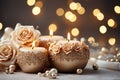 Festive still life with burning candles and Christmas decorations on bokeh background. Christmas composition for home interior