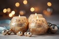 Festive still life with burning candles and Christmas decorations on bokeh background. Christmas composition for home interior