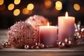 Festive still life with burning candles and Christmas decorations on bokeh background. Christmas composition for home interior