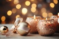 Festive still life with burning candles and Christmas decorations on bokeh background. Christmas composition for home interior