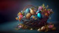 Festive still life - Easter basket, painted eggs, flowers and sprigs of berries on a blue background Royalty Free Stock Photo