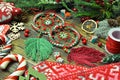 Festive still life with hand crafted macrame dreamcatchers and knitted mittens