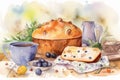 Festive still life with traditional Easter baked goods. Watercolor