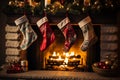 Festive stockings gracefully hang by the fireplace, ready for Christmas surprises