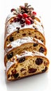 Festive Stollen Bread Sprinkled with Powdered Sugar Isolated on White Background Royalty Free Stock Photo