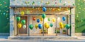 A festive storefront display features vibrant balloons and confetti, creating a celebratory atmosphere. Generative AI Royalty Free Stock Photo