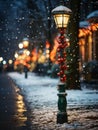 Festive street lamp wrapped in green and red Christmas lights, snowflakes falling, quaint town setting Royalty Free Stock Photo