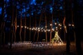 Festive string lights illumination on boho tipi arch decor on outdoor wedding ceremony venue in pine forest at night