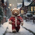 Festive Stroll: Teddy Bear in Christmas Attire Amidst Snowy Neighborhood Wonderland