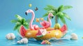 Festive summer background. 3D modern realistic illustration. Flamingo inflatable toy, watermelon, palm trees, shell