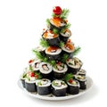 Festive Sushi Christmas Tree with Gourmet Decorations. Generative ai Royalty Free Stock Photo