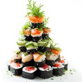 Festive Sushi Christmas Tree with Gourmet Decorations. Generative ai Royalty Free Stock Photo