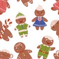 Festive And Sweet Seamless Pattern Featuring Adorable Gingerbread Men and Women In Various Poses And Expressions