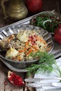 Festive table awaits Uzbek pilaf with meat and chickpeas