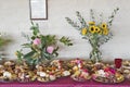 Festive table of blessed food at Amitabha Empowerment Buddhist Ceremony, Meditation Mount in Ojai, CA