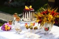 A festive table decorated with birthday cake with flowers and sweets. Royalty Free Stock Photo
