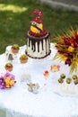 A festive table decorated with birthday cake with flowers and sweets. Royalty Free Stock Photo