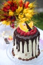 A festive table decorated with birthday cake with flowers and sweets. Royalty Free Stock Photo