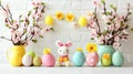 A festive table displays various Easter decorations, including colorful eggs and fresh flowers, creating a cheerful Royalty Free Stock Photo