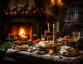 festive table with food near the fireplace, burning candles