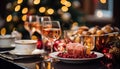 A festive table with gourmet meal, wine, and decorations generated by AI Royalty Free Stock Photo