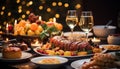 A festive table with grilled meat, wine, and candlelight generated by AI