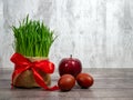 Festive table in honor of Navruz. Wheat with a red ribbon, the traditional holiday of the vernal equinox Nawruz