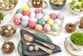 Festive table place Easter decoration colored eggs Royalty Free Stock Photo