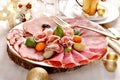Festive Table With A Platter Of Sliced Prosciutto Ham And Cured Meats For Christmas