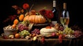 A festive table with pumpkins, various grape varieties, flowers and bottles of wine with a glass.
