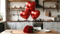 Festive table with red roses bouquet setting in kitchen decorated for Valentine\'s Day Royalty Free Stock Photo