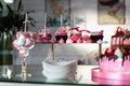 Festive table in the restaurant.chic pink cake, kids cake, birthday cake, sweet table,candy bar,