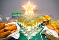 Russian pies, soft drinks, juices, fruits and champagne in glasses