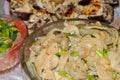 Festive table. Salted mushrooms seasoned with herbs, stuffed eggplant