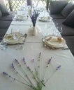 The festive table is served with plates, glasses and cutlery, decorated with lavender sprigs Royalty Free Stock Photo