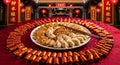 Chinese New Year Feast Dumplings and Firecrackers Table Display Royalty Free Stock Photo