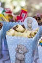 Festive table setting for children. Decoration for children`s party. Teddy bear style serving. Sweets