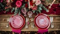 Festive table setting with cutlery, candles and beautiful red flowers in vase Royalty Free Stock Photo