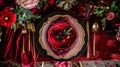 Festive table setting with cutlery, candles and beautiful red flowers in vase Royalty Free Stock Photo