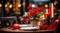 Festive table setting with elegant wine glasses and beautiful red roses on a Valentine's Day background