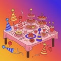 A festive table setting features an array of colorful party hats, muffins, cupcakes, pie Royalty Free Stock Photo