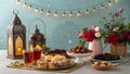 A festive table setting features traditional Arabic lanterns and a diverse array of sweets Royalty Free Stock Photo