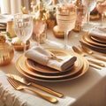 Festive table setting with golden plates and cutlery, closeup