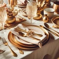 Festive table setting with golden plates and cutlery, closeup