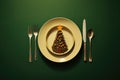 Festive table setting with plate with Christmas tree on green background